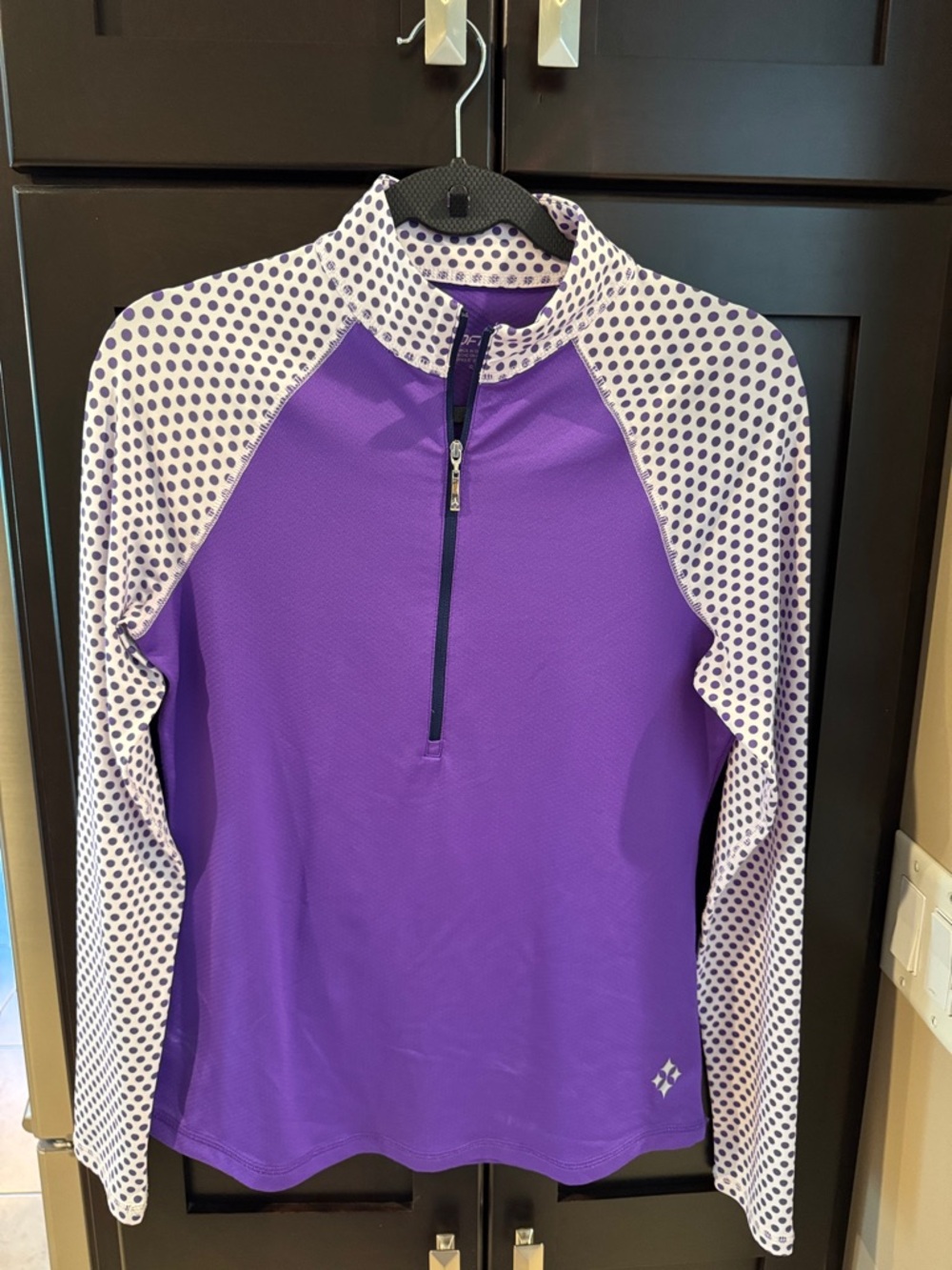 Jofit Purple Long Sleeve Half-Zip Top with White Polka Dot Sleeves.  Size small